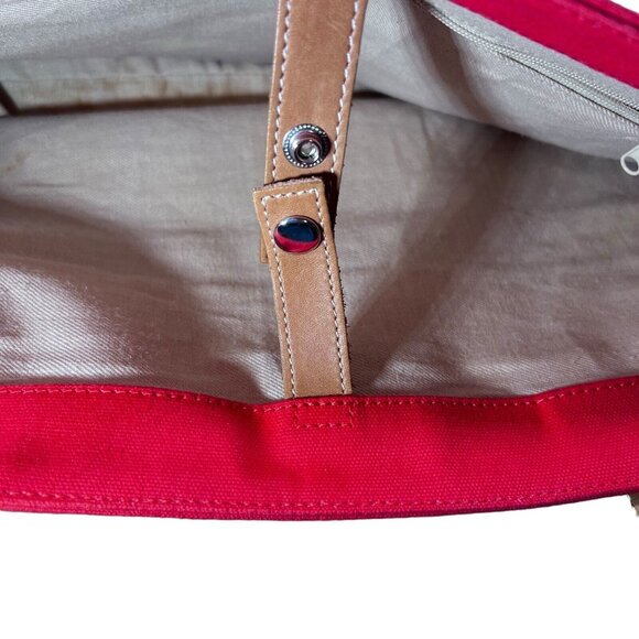 Fossil Coated Canvas Small Tote Bag Hand Bag Purse Pockets Orange Leather Straps - Picture 5 of 13